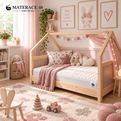 Materac dziecięcy SENSORYCZNY HR 2+ przedstawiony w aranżacji z łóżkiem Montessori.