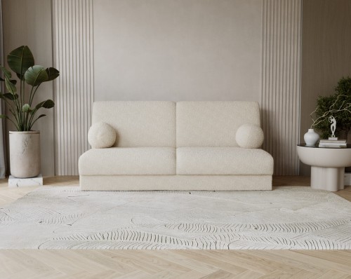 Sofa bouclé Lumena kremowa w salonie w stylu japandi, nowoczesna sofa bukla do salonu, jasna minimalistyczna sofa z poduszkami