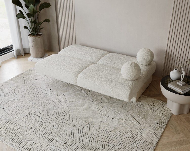 Sofa bouclé Lumena funkcja spania  w salonie w stylu japandi, nowoczesna sofa bukla do salonu, jasna minimalistyczna sofa z poduszkami