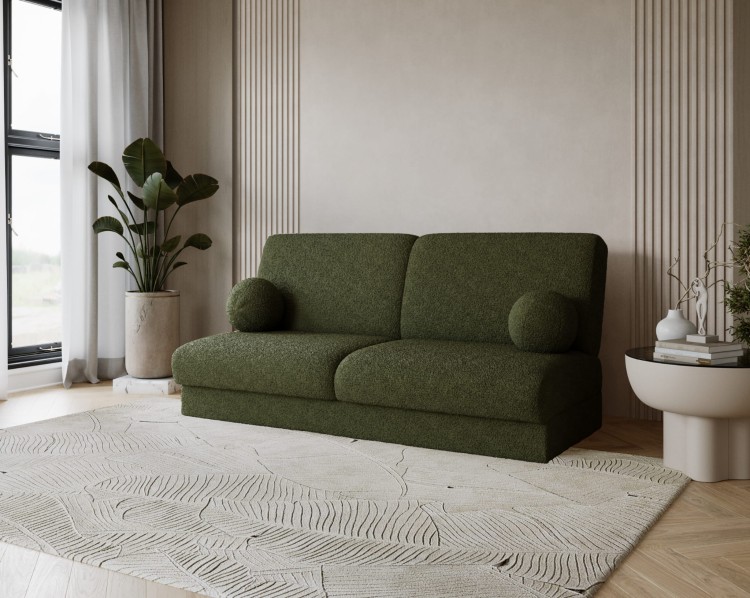 Detal tkaniny bouclé typu baranek w ciemnej sofie LUMENA