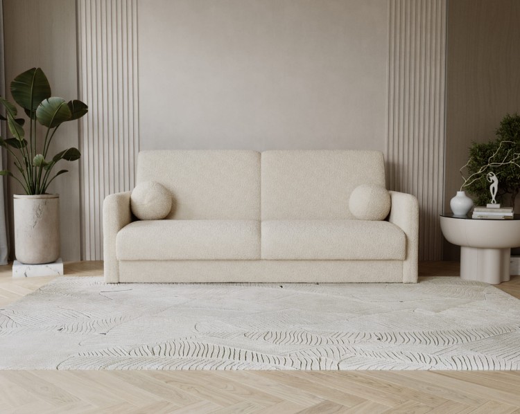 Nowoczesna sofa bouclé Lumena z boczkami kolor beżowy.