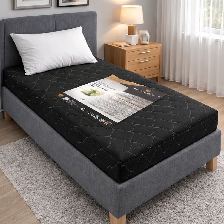 Materac wyposażony w zdejmowany pokrowiec dostępny w 4 wariantach kolorystycznych: biały, jasny szary, grafit i czarny. Materiał antyalergiczny, przewiewny i łatwy w utrzymaniu czystości.