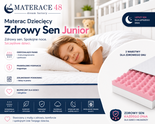 Materac Dziecięcy Zdrowy Sen JUnior zapewnia odpowiednią wentylację i komfortowy sen dzieciom oraz młodzieży.